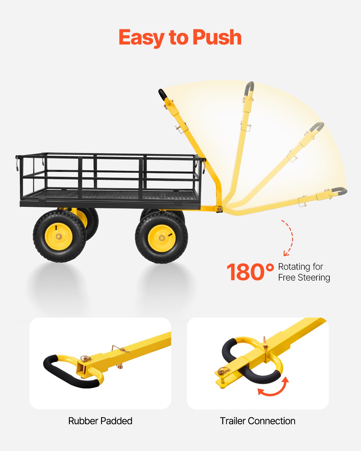 VEVOR Carrello da Giardino in Acciaio Portata 544 kg Trainabile, Carretto 2 in 1, con Pneumatici Fuoristrada da 330 mm, Sponde Laterali in Rete Rimovibili e Maniglia Girevole a 180°, per Trasporto