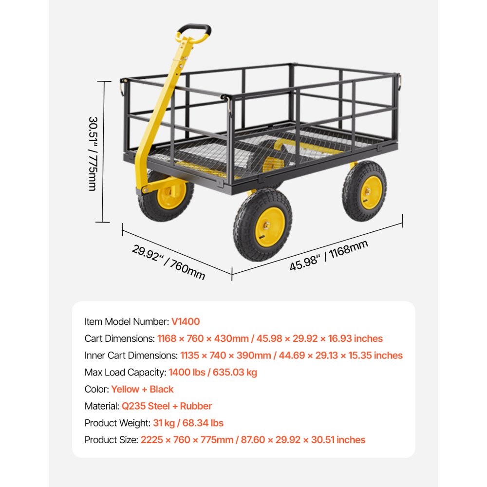 VEVOR Wagon 116.8x76x43 cm, Transport Wagon, Garden Wagon, Equipment Wagon, 2-in-1 Hand Wagon, with All-Terrain Tires, Removable Mesh Side Panels & 180° Rotating Handle