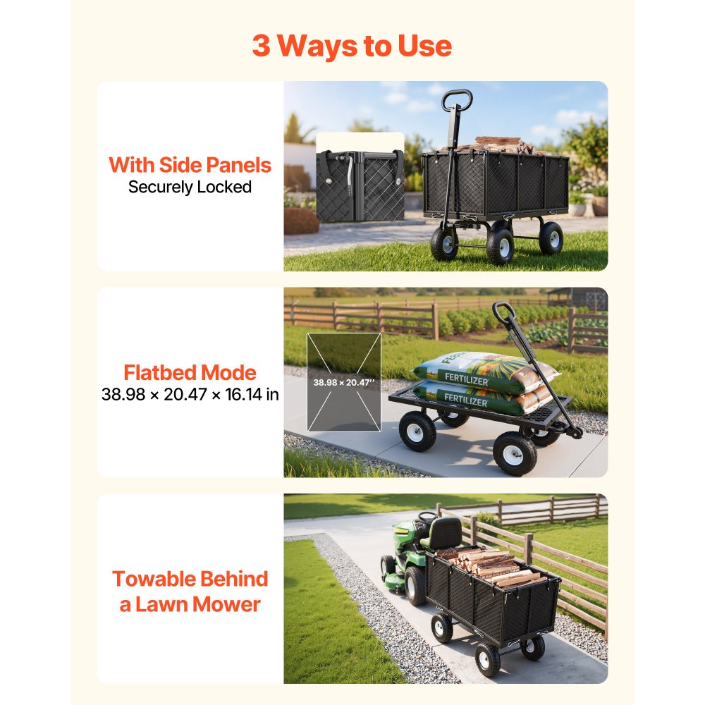 VEVOR Garden Cart, 544.3 kg, Heavy Duty Steel Hand Trolley, Yard Utility Wagon Outdoor Transport Cart with 10-Inch Tires, Adjustable Handle, Detachable Side Panels, Attach to ATV or Tractor, Black