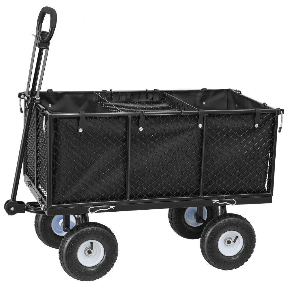 VEVOR Garden Cart, 544.3 kg, Heavy Duty Steel Hand Trolley, Yard Utility Wagon Outdoor Transport Cart with 10-Inch Tires, Adjustable Handle, Detachable Side Panels, Attach to ATV or Tractor, Black
