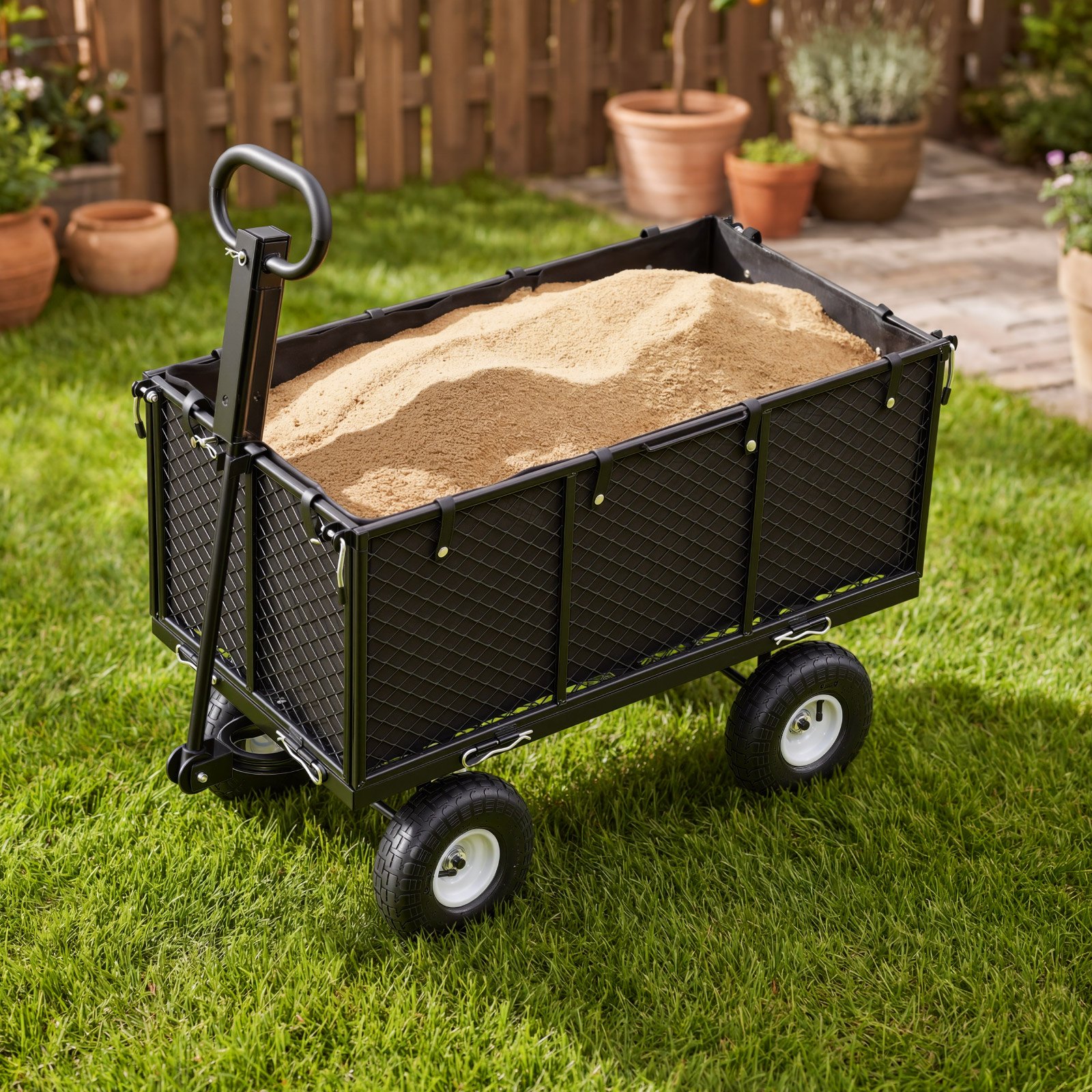 VEVOR Garden Cart, 544.3 kg, Heavy Duty Steel Hand Trolley, Yard Utility Wagon Outdoor Transport Cart with 10-Inch Tires, Adjustable Handle, Detachable Side Panels, Attach to ATV or Tractor, Black