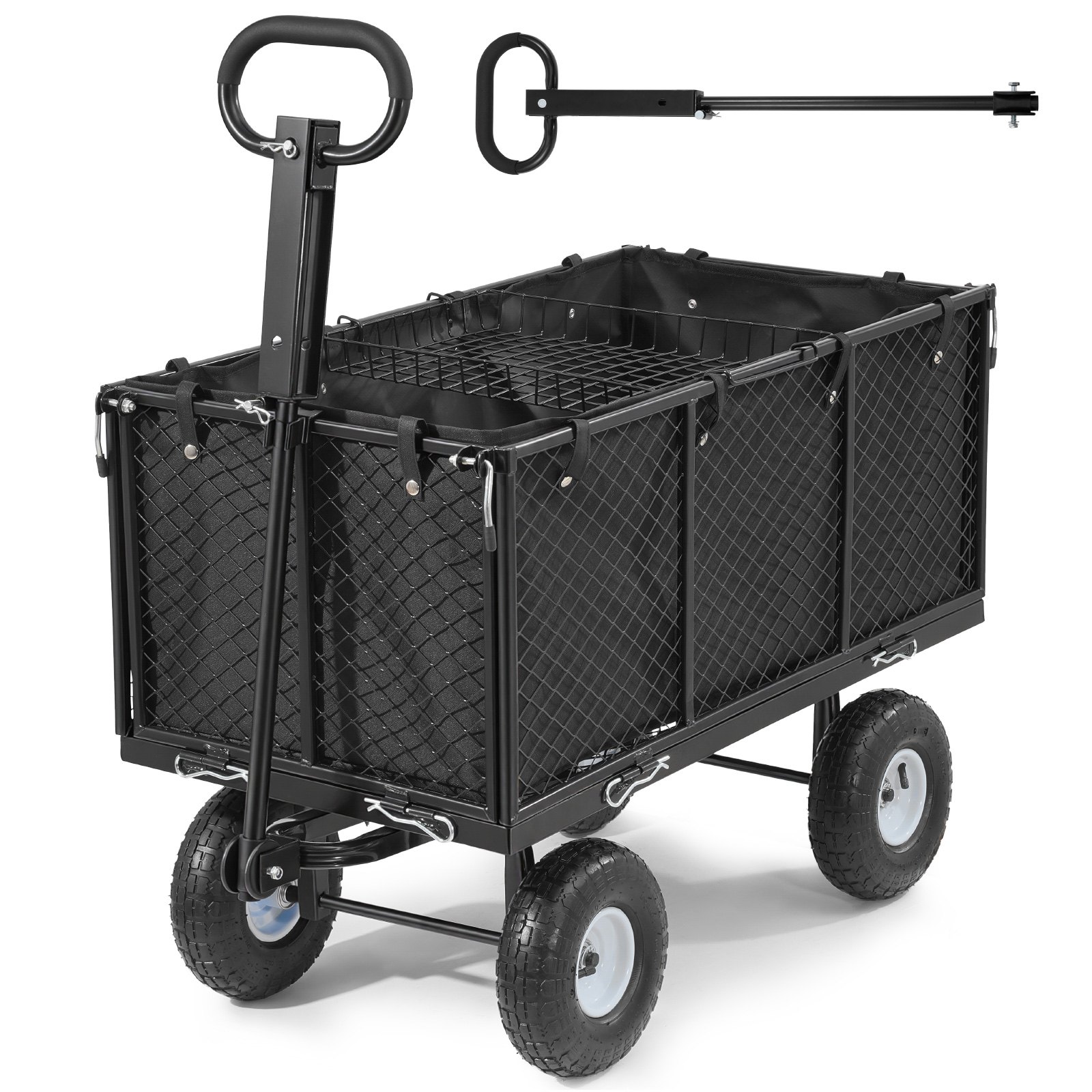 VEVOR Garden Cart, 544.3 kg, Heavy Duty Steel Hand Trolley, Yard Utility Wagon Outdoor Transport Cart with 10-Inch Tires, Adjustable Handle, Detachable Side Panels, Attach to ATV or Tractor, Black