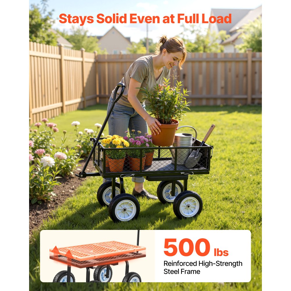 VEVOR Garden Cart with Seat, 226.8 kg, Rolling Steel Garden Work Seat with Wheels, Heavy Duty Gardening Stool, with Tool Tray & Adjustable Handle, Outdoor Yard Wagon, for Lawn, Patio, Backyard, Black