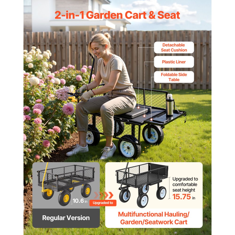 VEVOR Garden Cart with Seat, 226.8 kg, Rolling Steel Garden Work Seat with Wheels, Heavy Duty Gardening Stool, with Tool Tray & Adjustable Handle, Outdoor Yard Wagon, for Lawn, Patio, Backyard, Black