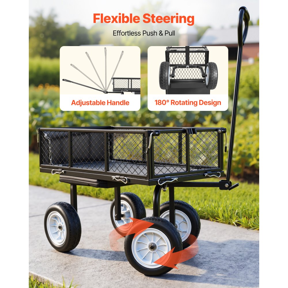 VEVOR Garden Cart with Seat, 226.8 kg, Rolling Steel Garden Work Seat with Wheels, Heavy Duty Gardening Stool, with Tool Tray & Adjustable Handle, Outdoor Yard Wagon, for Lawn, Patio, Backyard, Black