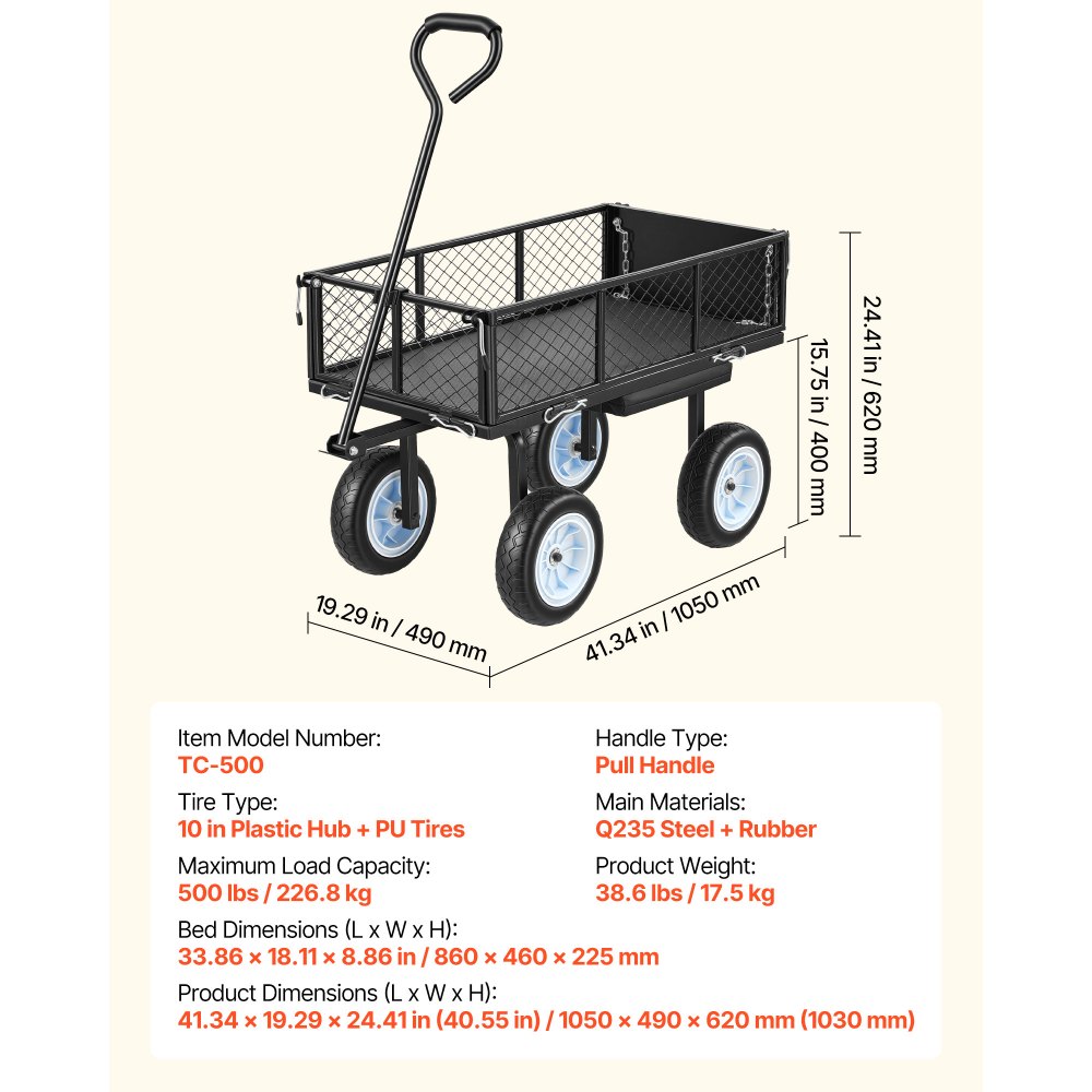 VEVOR Garden Cart with Seat, 226.8 kg, Rolling Steel Garden Work Seat with Wheels, Heavy Duty Gardening Stool, with Tool Tray & Adjustable Handle, Outdoor Yard Wagon, for Lawn, Patio, Backyard, Black