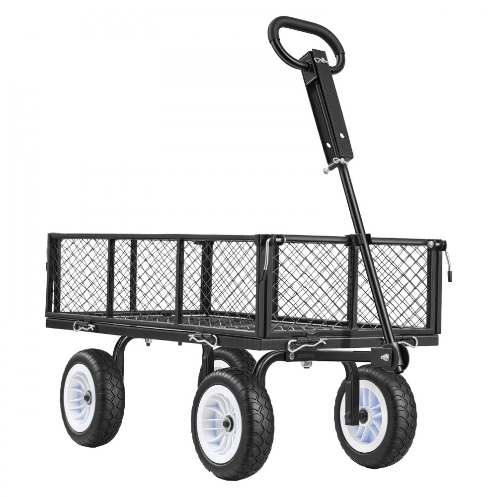VEVOR Garden Cart, 408.2 kg, Heavy Duty Steel Yard and Garden Utility Wagon with 10-Inch Tires, Outdoor Gardening Stool with Adjustable Handle, Detachable Side Panels, Attach to ATV or Tractor, Black