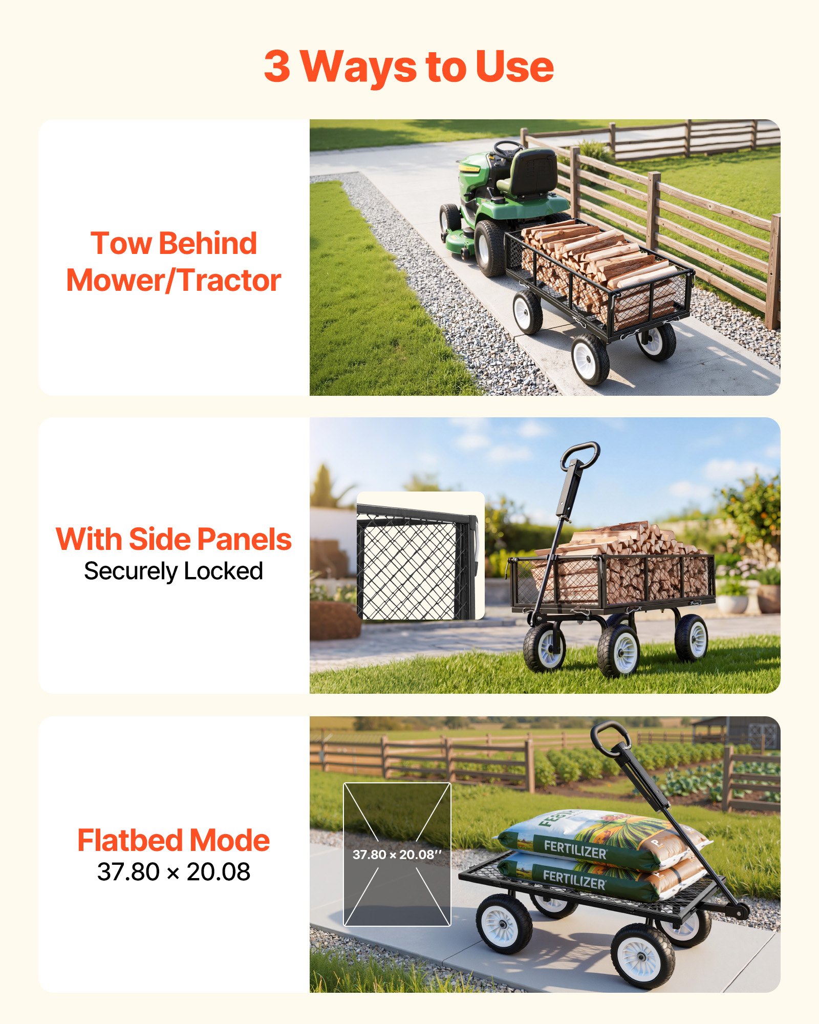 VEVOR Garden Cart, 408.2 kg, Heavy Duty Steel Yard and Garden Utility Wagon with 10-Inch Tires, Outdoor Gardening Stool with Adjustable Handle, Detachable Side Panels, Attach to ATV or Tractor, Black