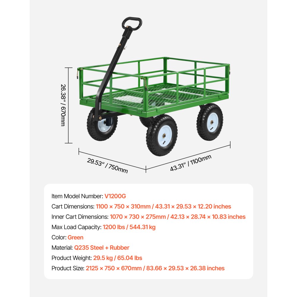 VEVOR Carrello da Giardino in Acciaio Portata 544 kg, Carro Trasporto Trainabile 2 in 1, con Pneumatici Fuoristrada da 330 mm, Sponde Laterali in Rete Rimovibili e Maniglia Girevole a 180°, per Legna