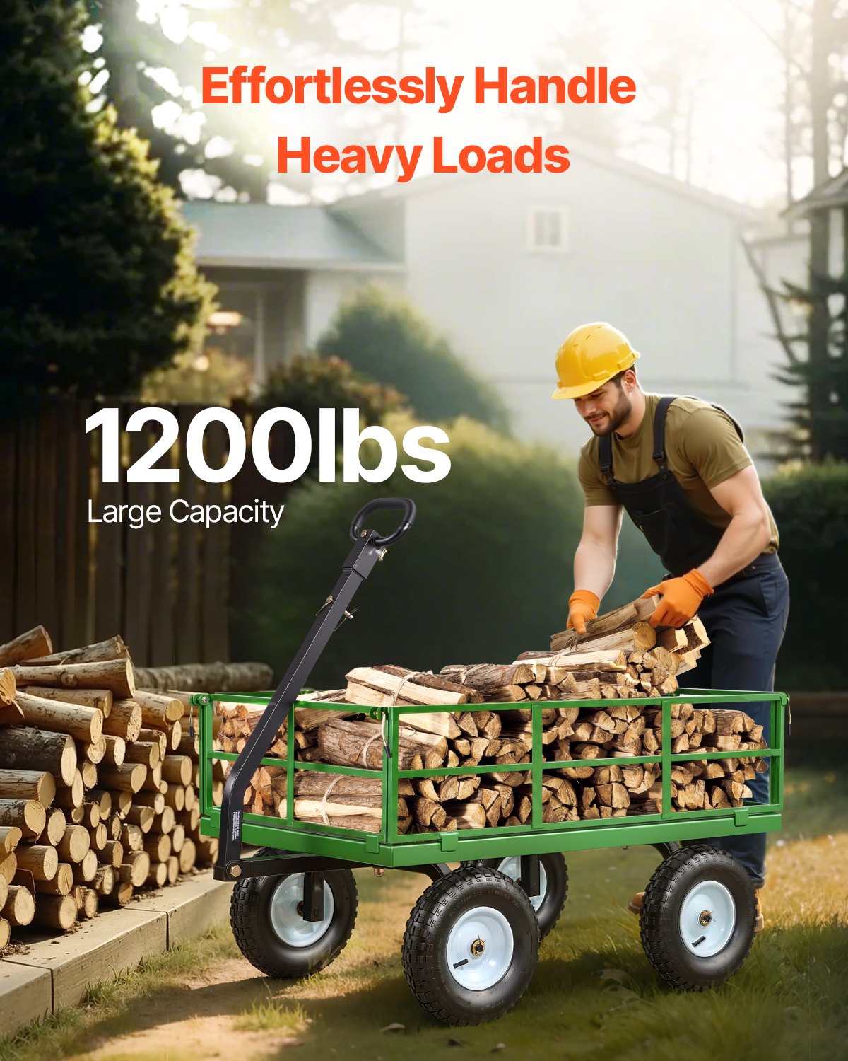 VEVOR Carrello da Giardino in Acciaio Portata 544 kg, Carro Trasporto Trainabile 2 in 1, con Pneumatici Fuoristrada da 330 mm, Sponde Laterali in Rete Rimovibili e Maniglia Girevole a 180°, per Legna