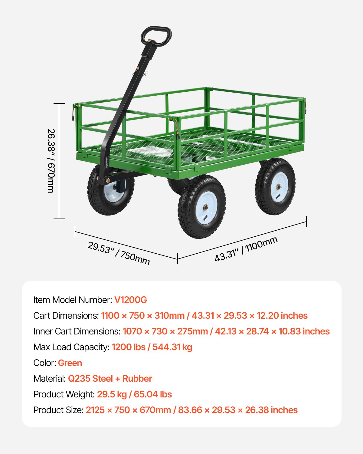 VEVOR Carrello da Giardino in Acciaio Portata 544 kg, Carro Trasporto Trainabile 2 in 1, con Pneumatici Fuoristrada da 330 mm, Sponde Laterali in Rete Rimovibili e Maniglia Girevole a 180°, per Legna