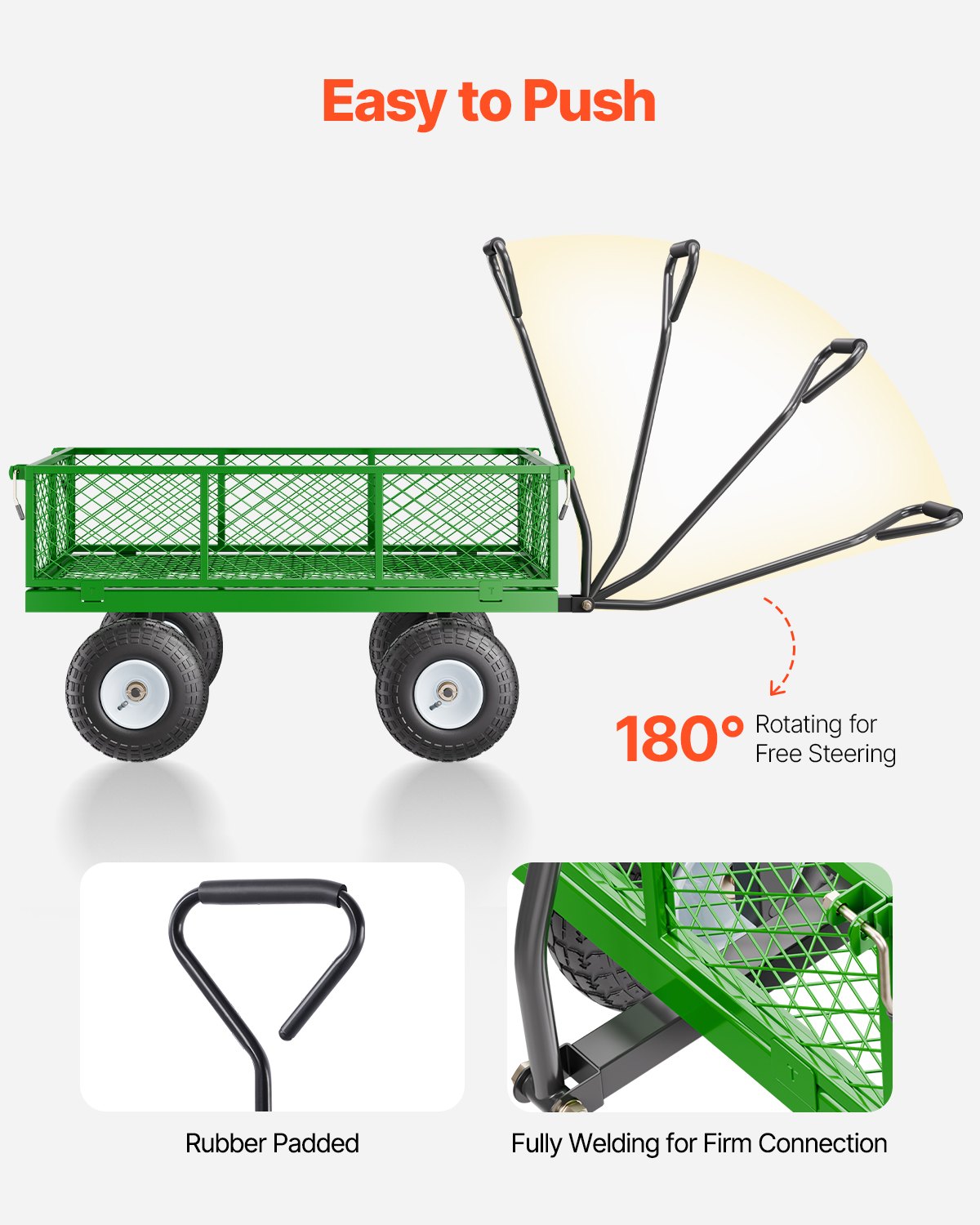 VEVOR Carrello da Giardino in Acciaio 408,23 kg su Ruote, Carrello da Giardino Trainabile per Impieghi Gravosi, Carrello da Giardino in Metallo per Esterni, Pneumatici 254 mm, Maniglia Girevole a 180°