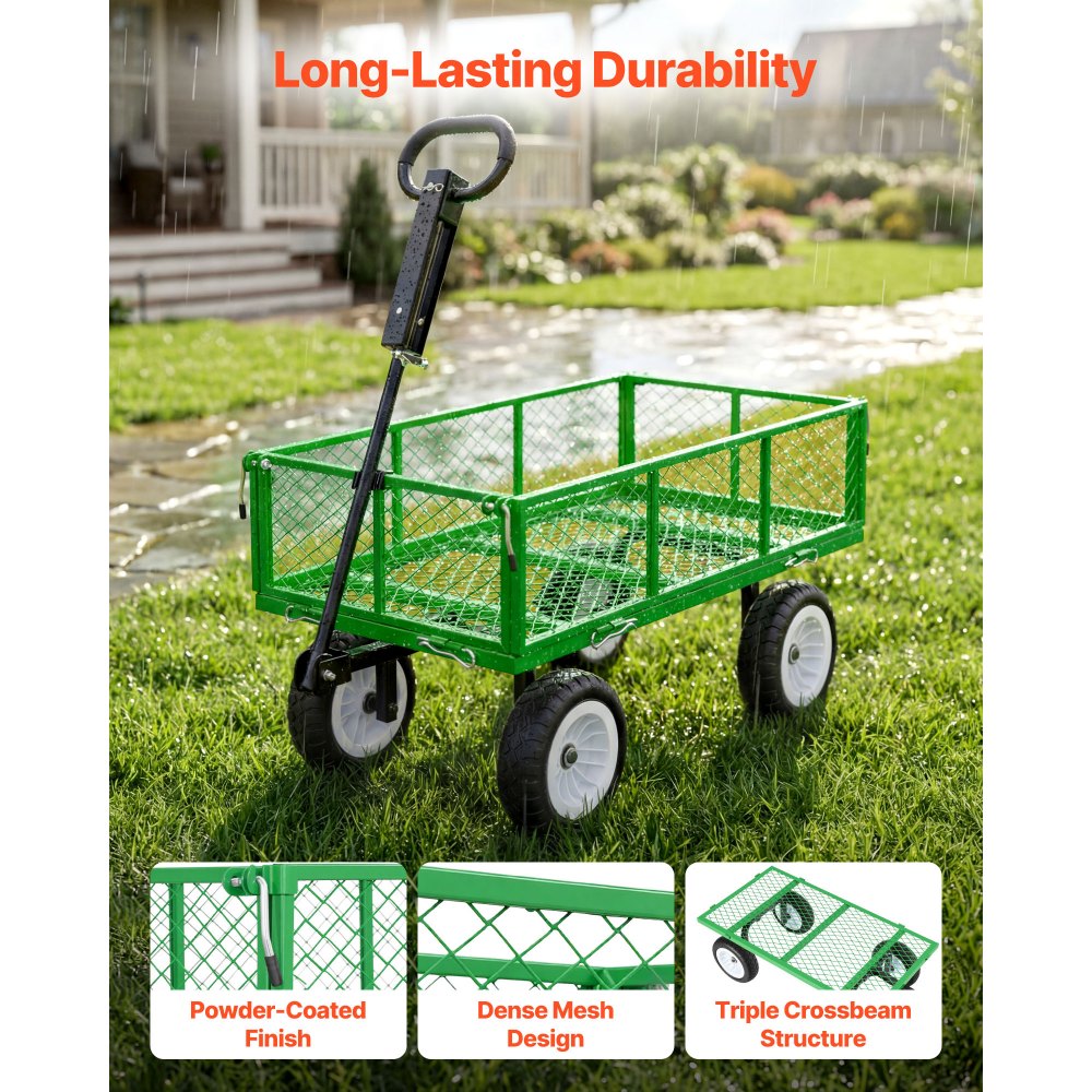 VEVOR Carrello da Giardino in Acciaio Portaoggetti Carico max 408,2 kg Carrello da Trasporto per Legna Terra Detriti Lati Rimovibili Ruote Antiforatura in PU, Carretto Compatibile con Trattori, Verde