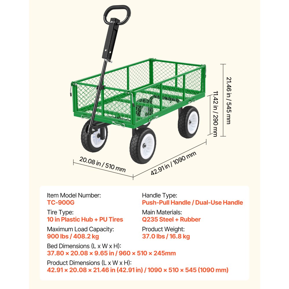 VEVOR Carrello da Giardino in Acciaio Portaoggetti Carico max 408,2 kg Carrello da Trasporto per Legna Terra Detriti Lati Rimovibili Ruote Antiforatura in PU, Carretto Compatibile con Trattori, Verde