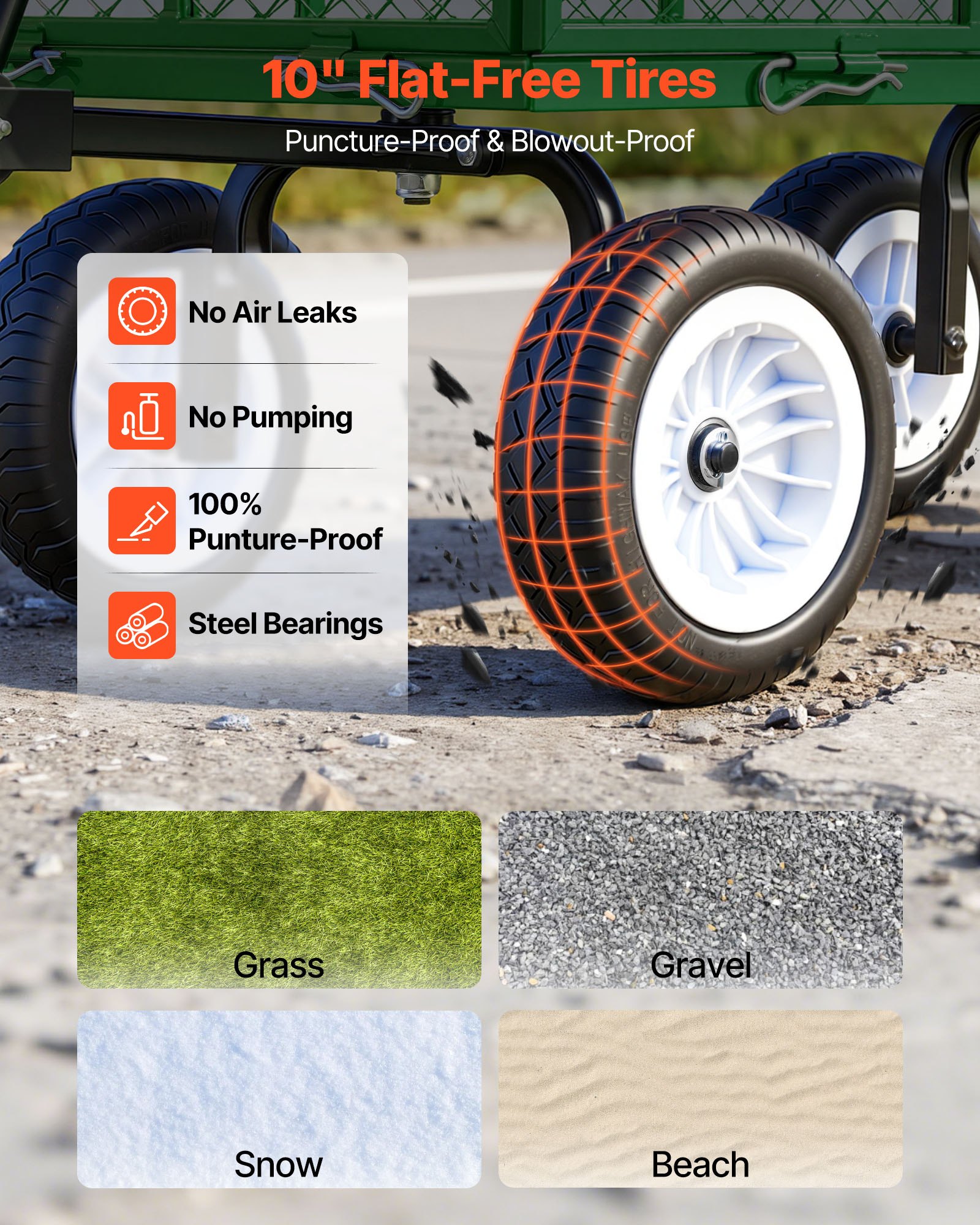 VEVOR Carrello da Giardino in Acciaio Portaoggetti Carico max 408,2 kg Carrello da Trasporto per Legna Terra Detriti Lati Rimovibili Ruote Antiforatura in PU, Carretto Compatibile con Trattori, Verde