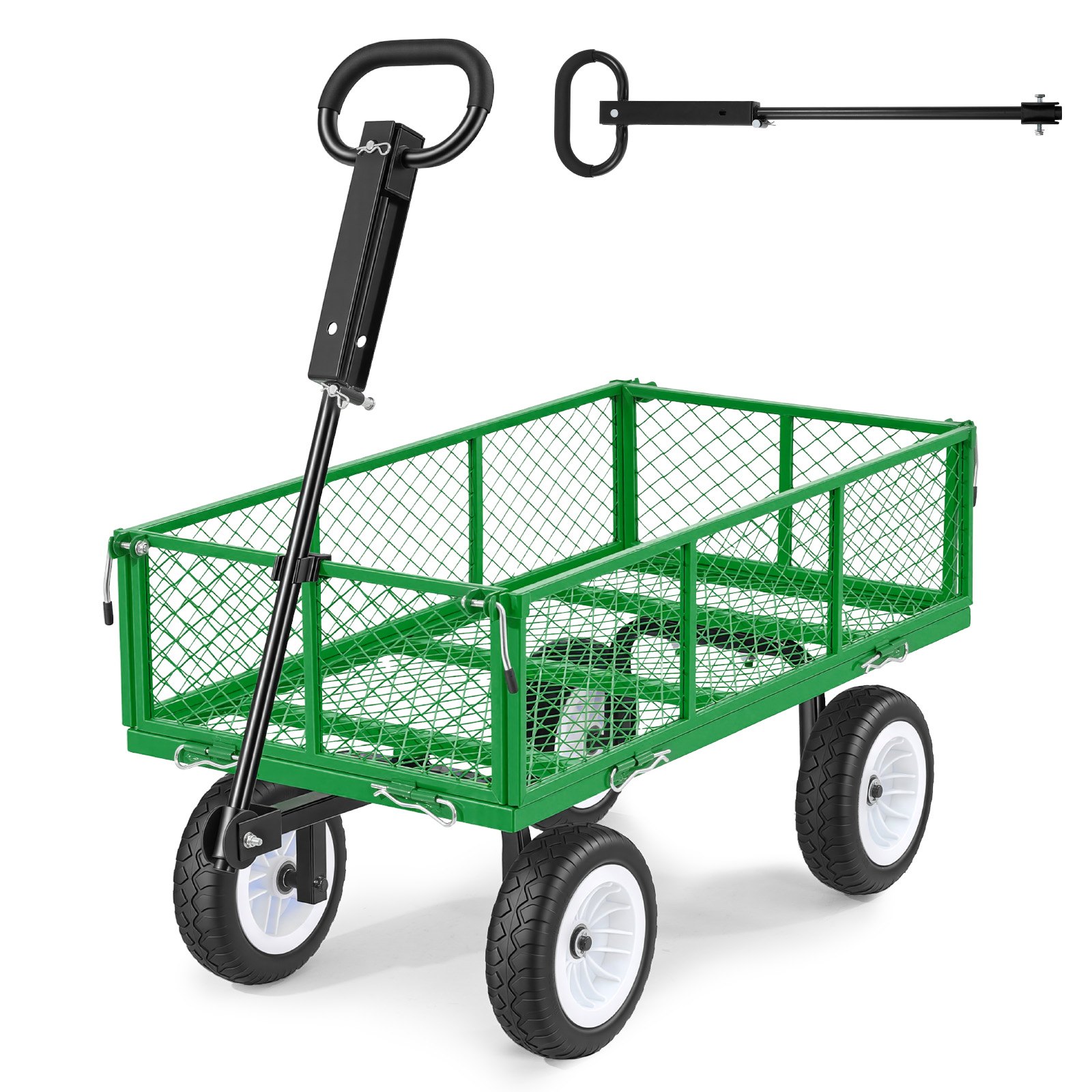 VEVOR Carrello da Giardino in Acciaio Portaoggetti Carico max 408,2 kg Carrello da Trasporto per Legna Terra Detriti Lati Rimovibili Ruote Antiforatura in PU, Carretto Compatibile con Trattori, Verde