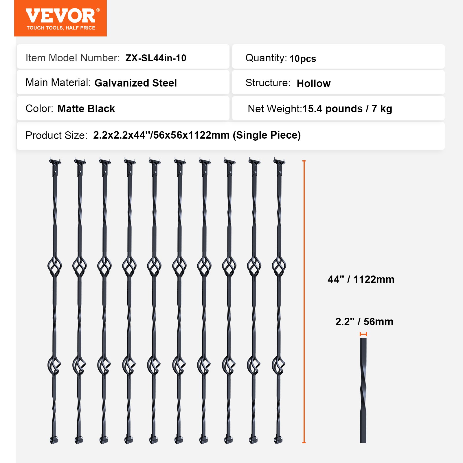 VEVOR Balaustre in Metallo per Scale, Mandrini per Ringhiere ​​Acciaio Galvanizzato da 44'' x 1/2", Balaustre per Ponte con Doppi Cestini Cavi, Ringhiera per Scale a Chiocciola con Scarpe e Viti