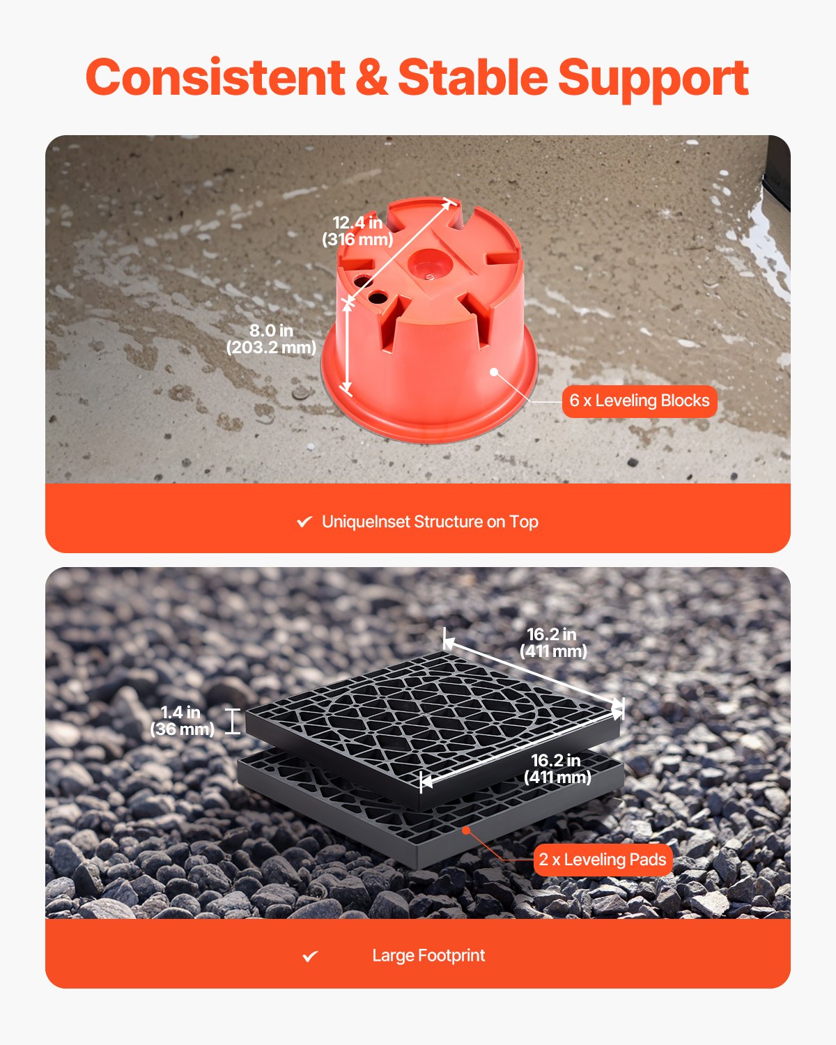 VEVOR 6 Trailer Support Blocks (203.2 mm height, 908 kg load capacity) + 2 Trailer Jack Pads, 8-piece Heavy Duty Leveling Kit for 5th Class Air Conditioned Motorhomes