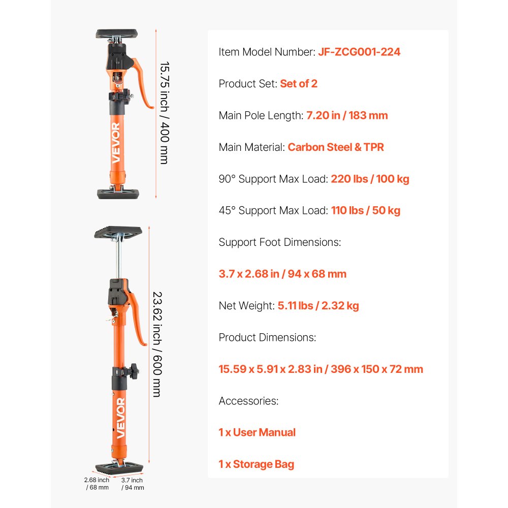 VEVOR Asta di Supporto per Martinetto, 2 Pezzi, Asta di Supporto Rapido Telescopica in Acciaio da 40 a 60 cm, Sistema Regolabile a 3 Mani con Capacità 100 kg per Sollevamento di Cartongesso