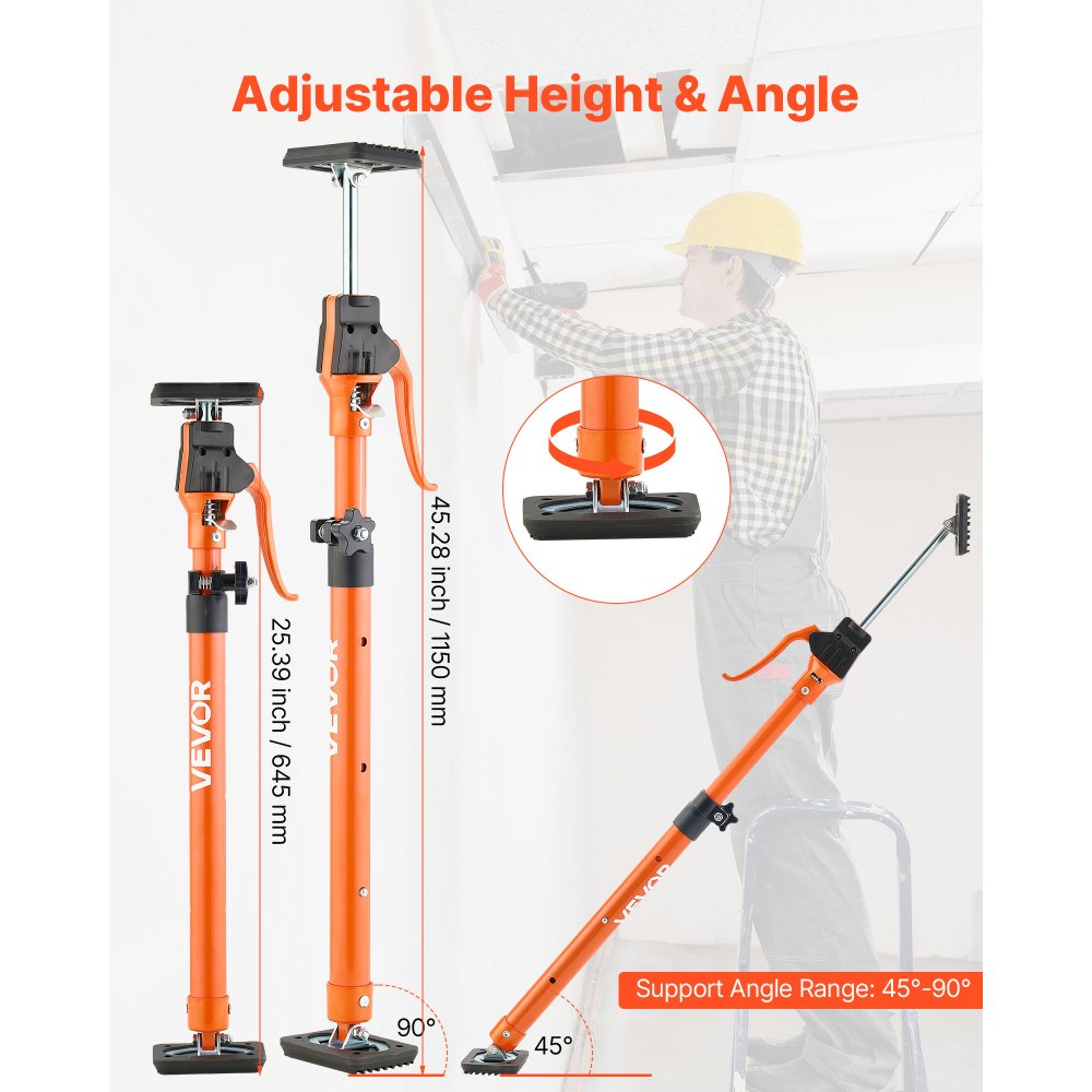 VEVOR Asta di Supporto per Martinetto, 2 Pezzi, Asta di Supporto Rapido Telescopica in Acciaio da 64,5-115 cm, Sistema Regolabile a 3 Mani con Capacità 100 kg per Sollevamento di Cartongesso