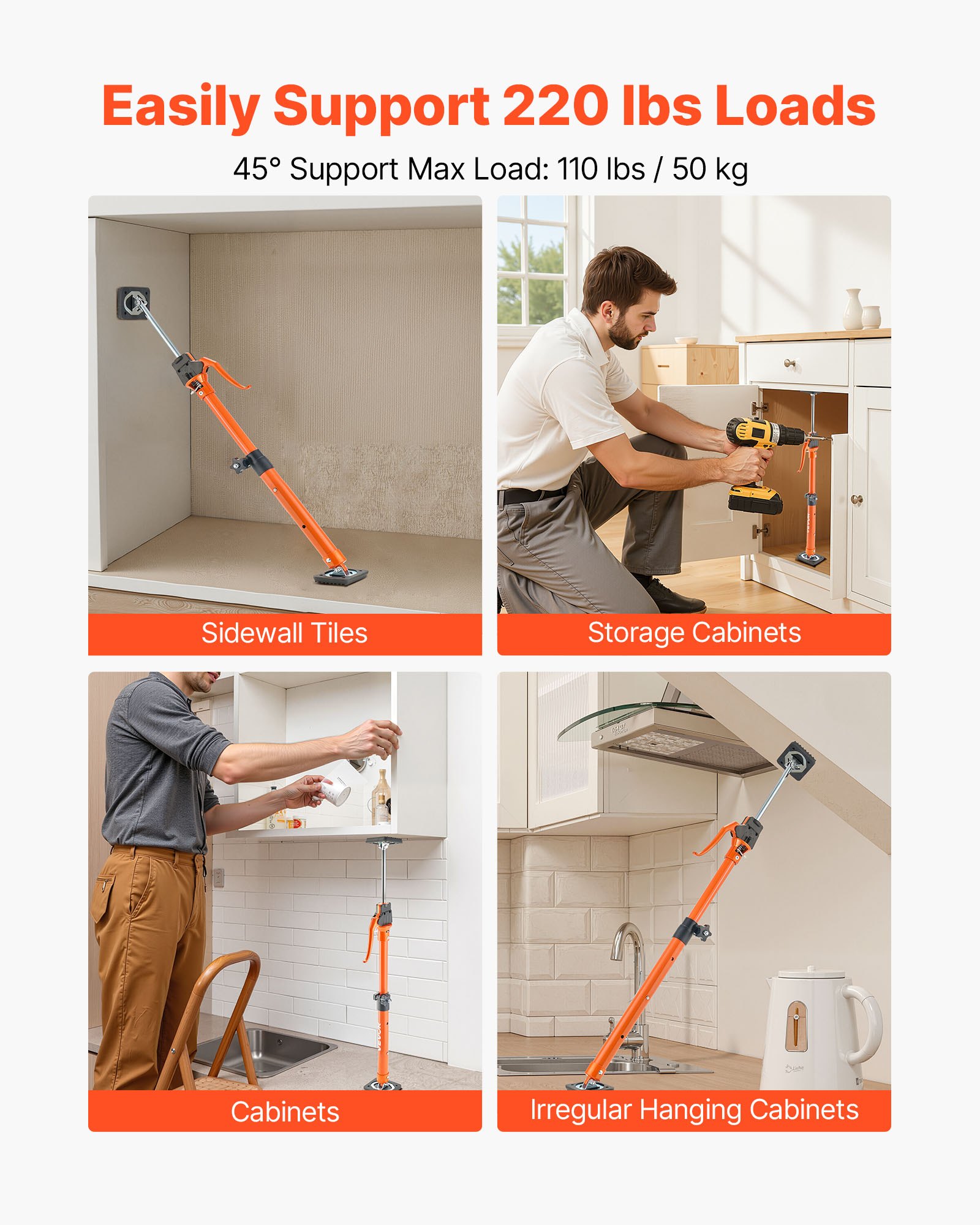 VEVOR Asta di Supporto per Martinetto, 2 Pezzi, Asta di Supporto Rapido Telescopica in Acciaio da 64,5-115 cm, Sistema Regolabile a 3 Mani con Capacità 100 kg per Sollevamento di Cartongesso