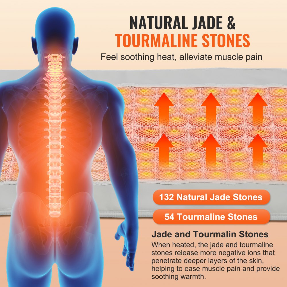 VEVOR Tappetino Riscaldante a Infrarossi lontani, 132 Pietre Giada Naturale 30 Tormalina, Tappetino Riscaldante Alleviare Dolore Schiena, 39 °C-70 °C con Controller e Spegnimento Automatico 100x55 cm