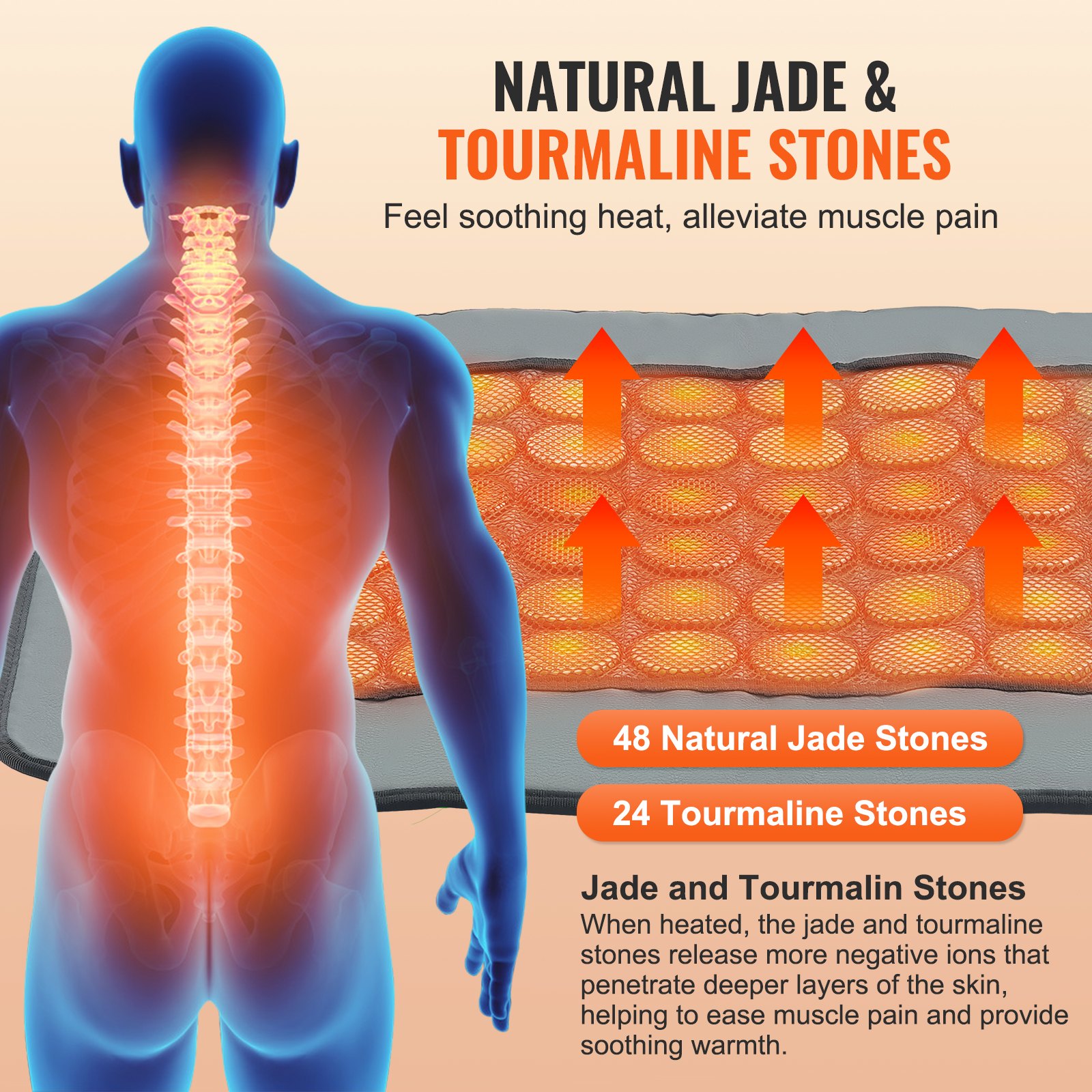 VEVOR Tappetino Riscaldante a Infrarossi lontani, 48 Pietre Giada Naturale 24 Tormalina, Tappetino Riscaldante Alleviare Dolore Schiena, 39 °C-70 °C con Controller e Spegnimento Automatico 80x56 cm