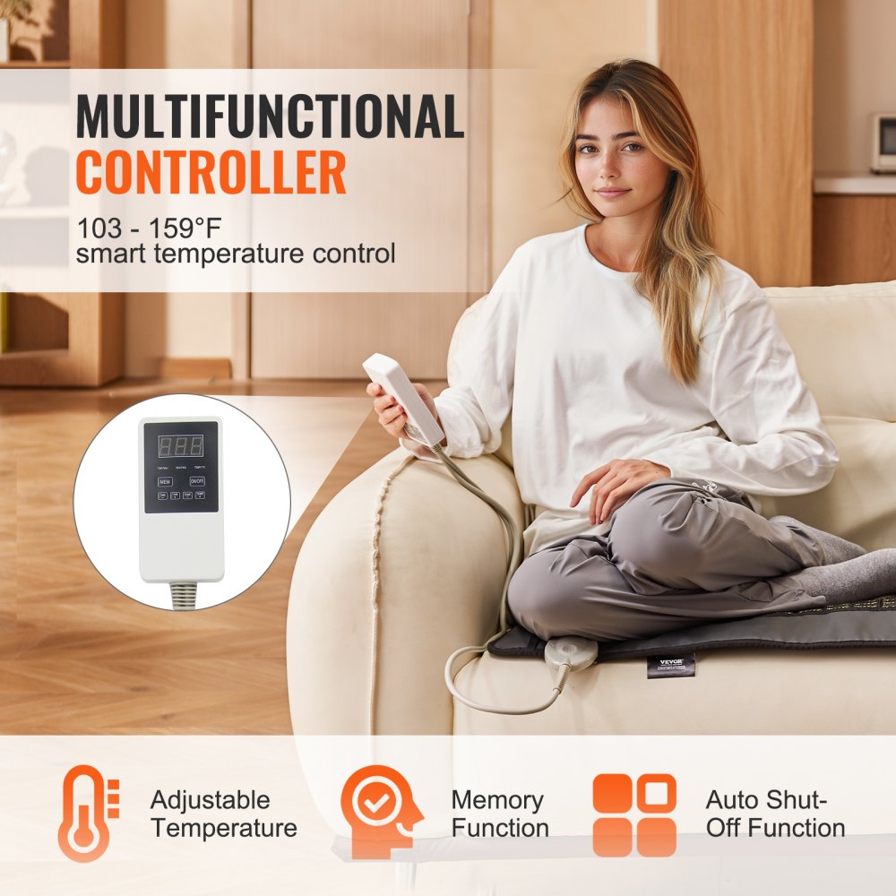 VEVOR Tappetino Riscaldante a Infrarossi lontani, 108 Pietre Giada Naturale 42 Tormalina, Tappetino Riscaldante Alleviare Dolore Schiena, 39 °C-70 °C con Controller e Spegnimento Automatico 80x56 cm