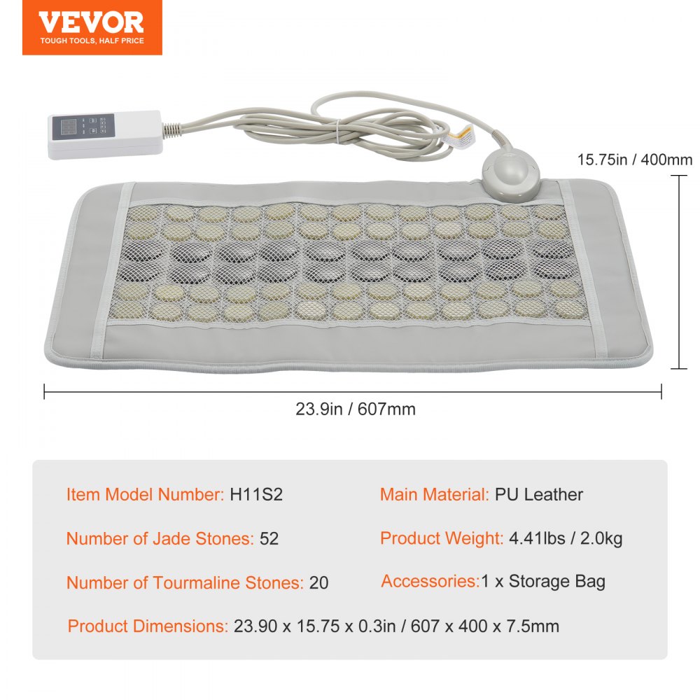 VEVOR Far Infrared Heating Pad, Heating Pad Made of 52 Natural Jade and 20 Tourmaline Stones for Back Pain Relief, 103-159°F Infrared Heating Pad with Smart Controller and Automatic Shut-Off (Medium Size 23.9 x 15.8 Inches)