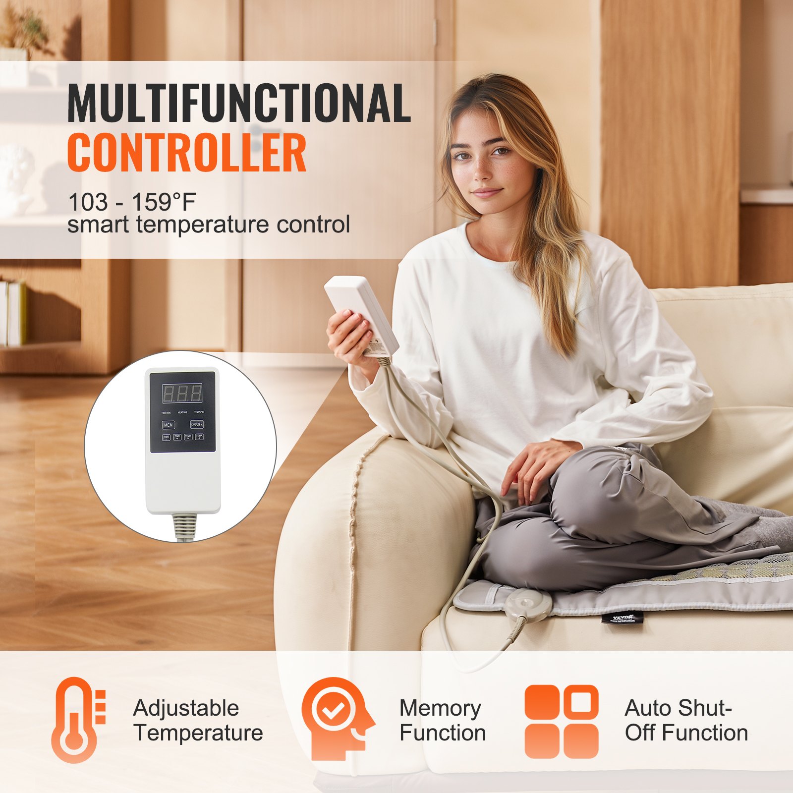 VEVOR Far Infrared Heating Pad, Heating Pad Made of 52 Natural Jade and 20 Tourmaline Stones for Back Pain Relief, 103-159°F Infrared Heating Pad with Smart Controller and Automatic Shut-Off (Medium Size 23.9 x 15.8 Inches)