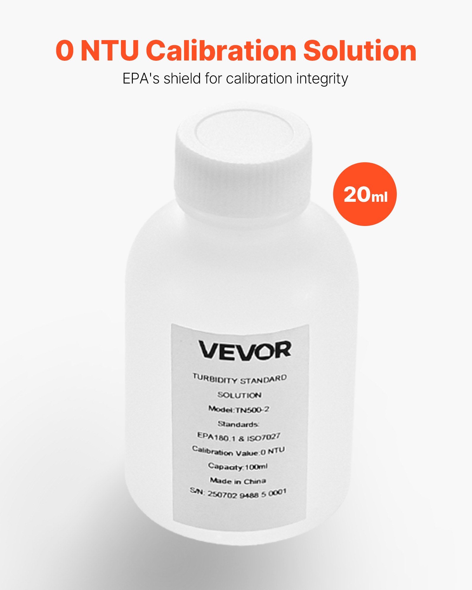 VEVOR Soluzione di Calibrazione per Torbidità 0 NTU 100 ml, Soluzione Standard di Ricarica Monouso per Torbidimetri, Deriva Zero per Concentrazione Stabile, Adatta per Luce Bianca/Rossa