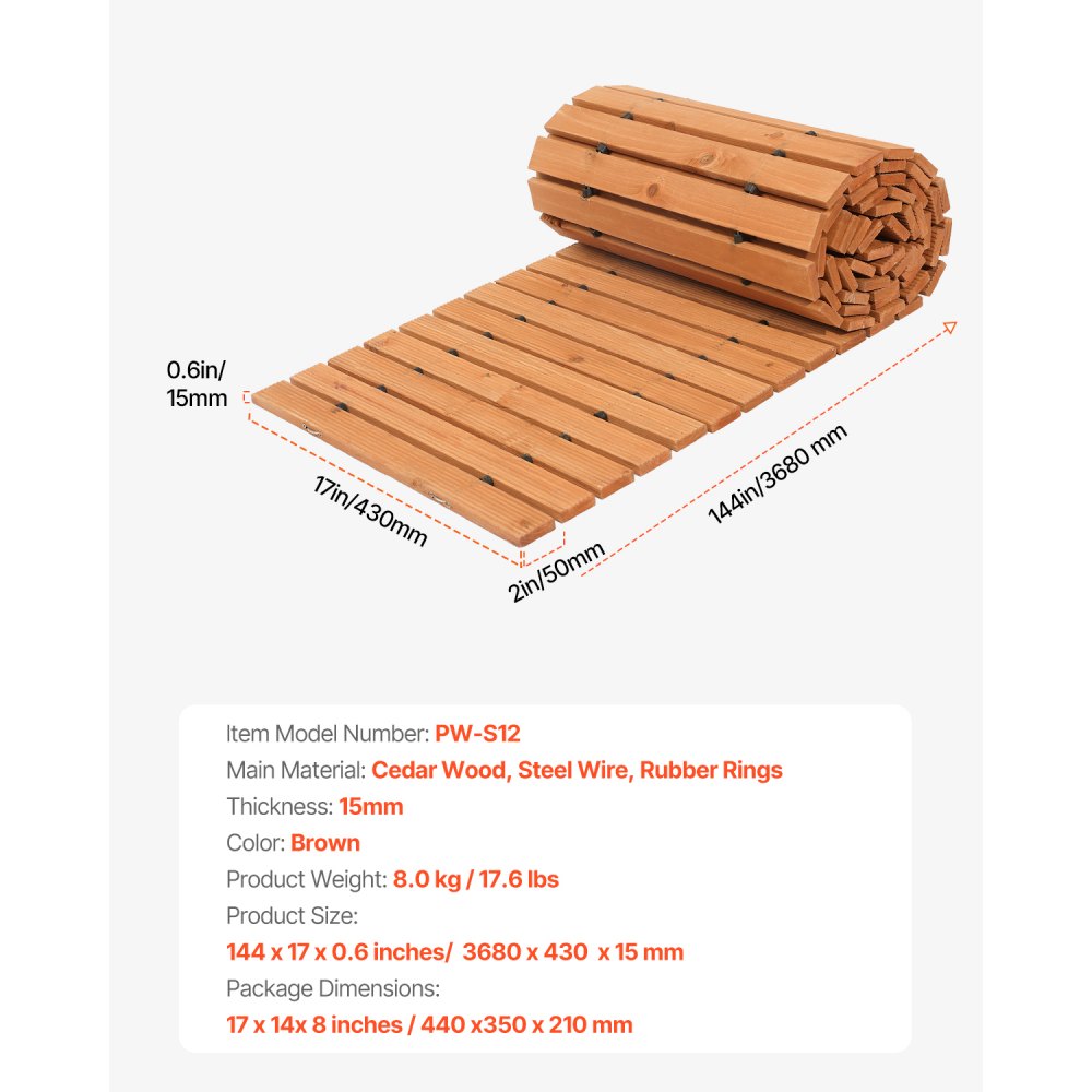 VEVOR Roll-Up Garden Path 368x43 cm, Roll-Up Wooden Path, Roll-Up Outdoor Path Made of Cedar Wood with Wire Rope Connection, Wooden Step, Garden Step, Decorative Stepping Stones for Garden, Backyard, Patio