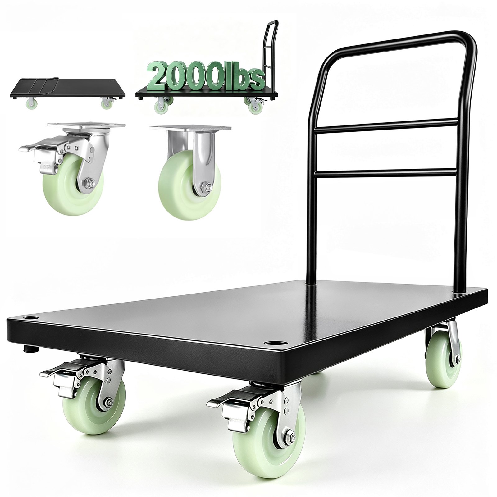 VEVOR Carrello a Piattaforma per Carico Industriale Capacità max. 907,18 kg, Carrello Industriale in Acciaio con Ruote Girevoli e Maniglia, Pianale a Spinta Manuale per Trasporto Merci Pacchi