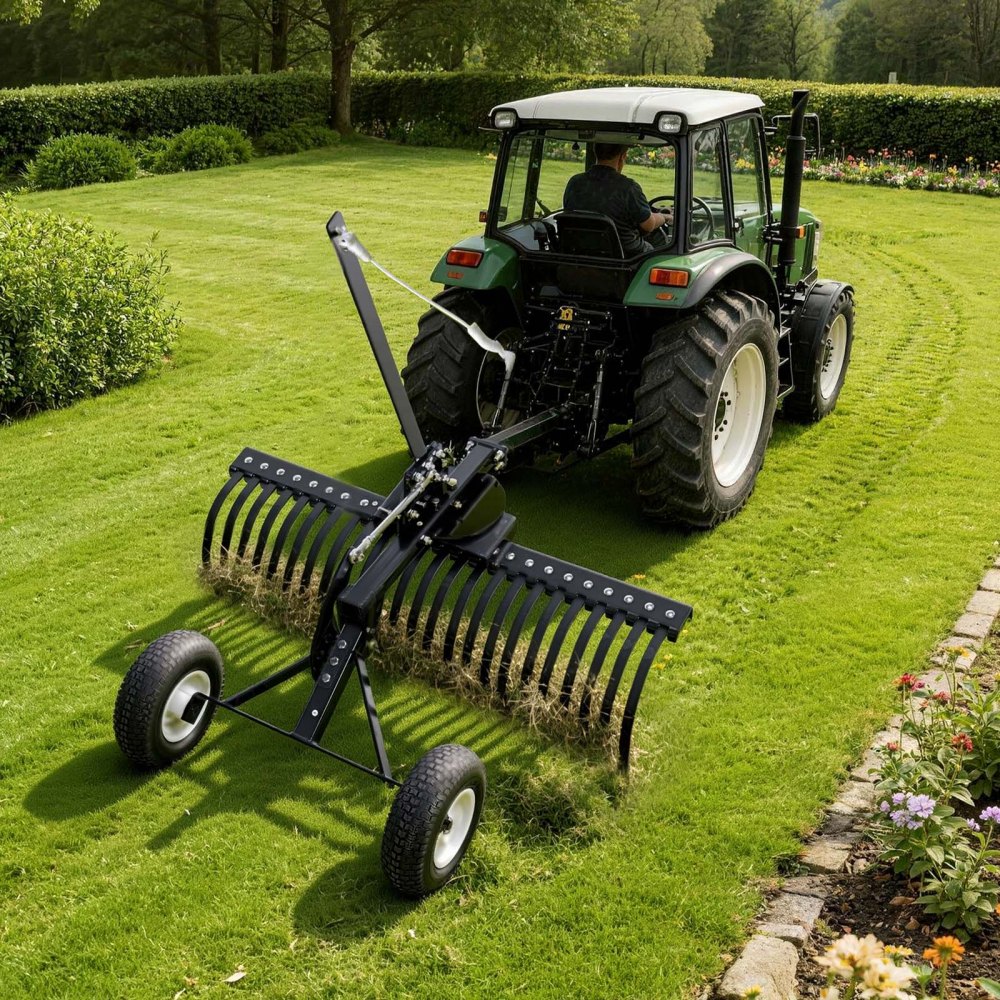 VEVOR Scarificatore per Trattorino Tagliaerba da 122 cm, Rastrello da Giardino Trainato per Trattorini Tosaerba ATV, 24 Denti in Acciaio Resistenti, Altezza e Angolazione Regolabili, per Prato
