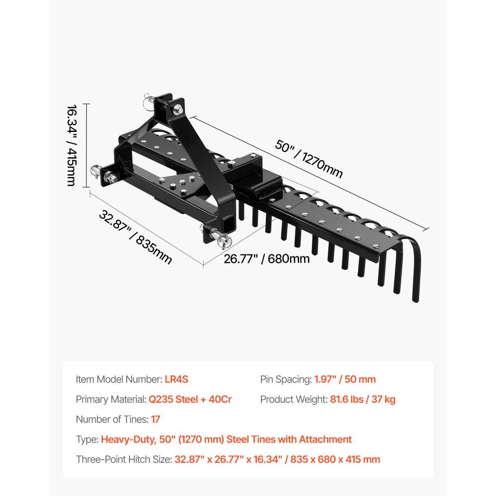 VEVOR 127 cm Lanscape Rock Rake, 3-Point Tow Behind Landscape Rake with 17 Steel Tines, Fit Category 1 Tractors, Angle Adjustable, Heavy Duty Lawn Dethatcher Rake for Grass Branch Debris