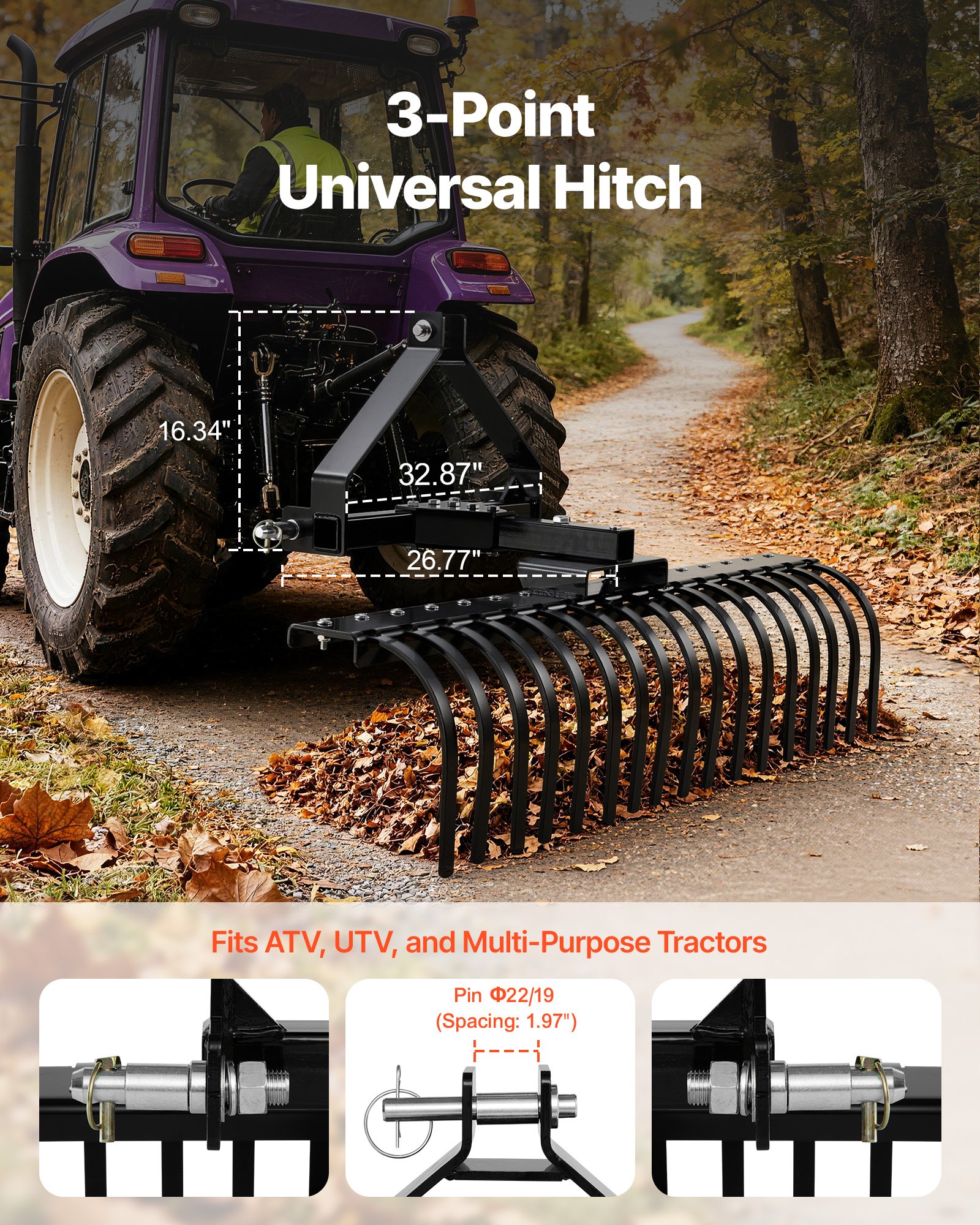 VEVOR 127 cm Lanscape Rock Rake, 3-Point Tow Behind Landscape Rake with 17 Steel Tines, Fit Category 1 Tractors, Angle Adjustable, Heavy Duty Lawn Dethatcher Rake for Grass Branch Debris