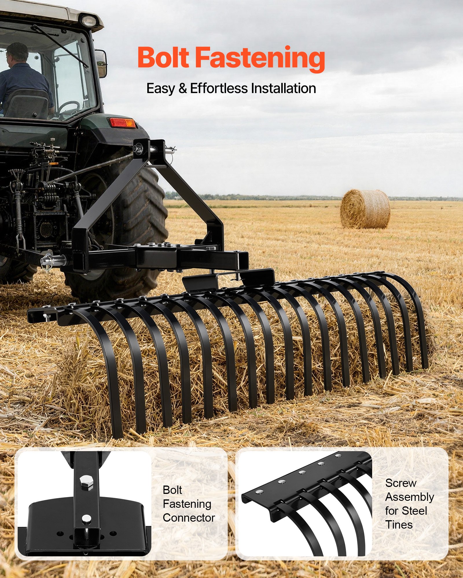 VEVOR 127 cm Lanscape Rock Rake, 3-Point Tow Behind Landscape Rake with 17 Steel Tines, Fit Category 1 Tractors, Angle Adjustable, Heavy Duty Lawn Dethatcher Rake for Grass Branch Debris