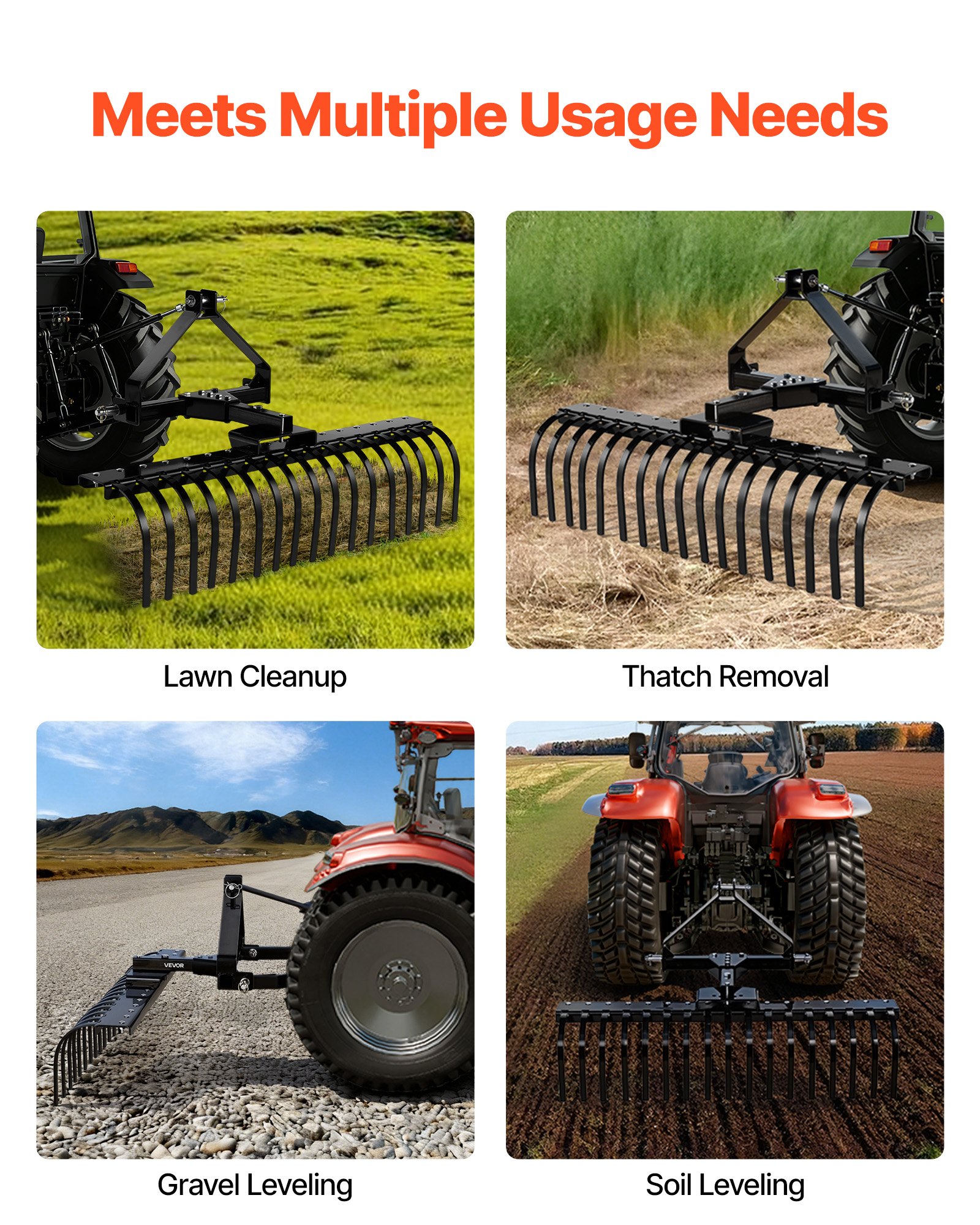 VEVOR 127 cm Lanscape Rock Rake, 3-Point Tow Behind Landscape Rake with 17 Steel Tines, Fit Category 1 Tractors, Angle Adjustable, Heavy Duty Lawn Dethatcher Rake for Grass Branch Debris