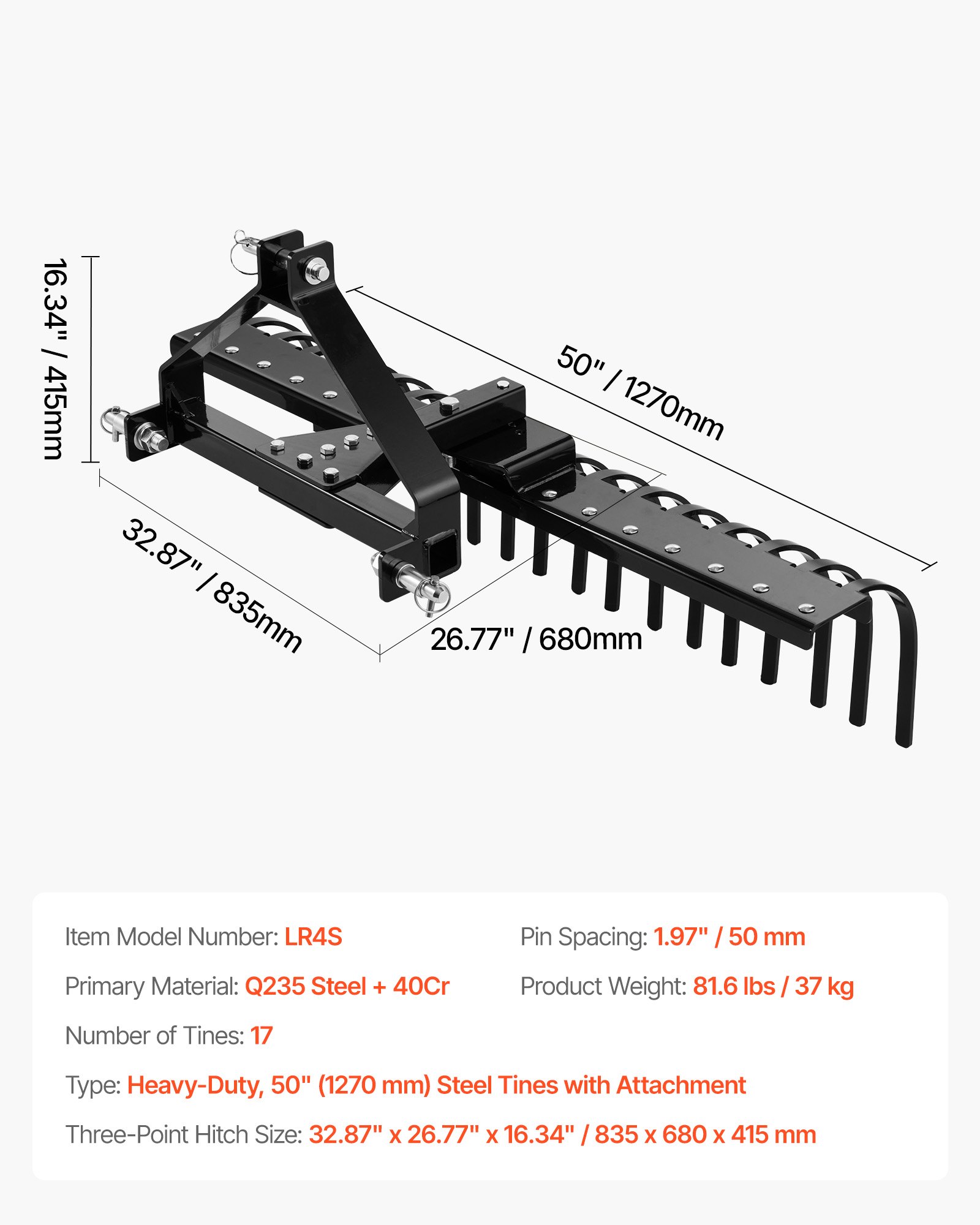 VEVOR 127 cm Lanscape Rock Rake, 3-Point Tow Behind Landscape Rake with 17 Steel Tines, Fit Category 1 Tractors, Angle Adjustable, Heavy Duty Lawn Dethatcher Rake for Grass Branch Debris