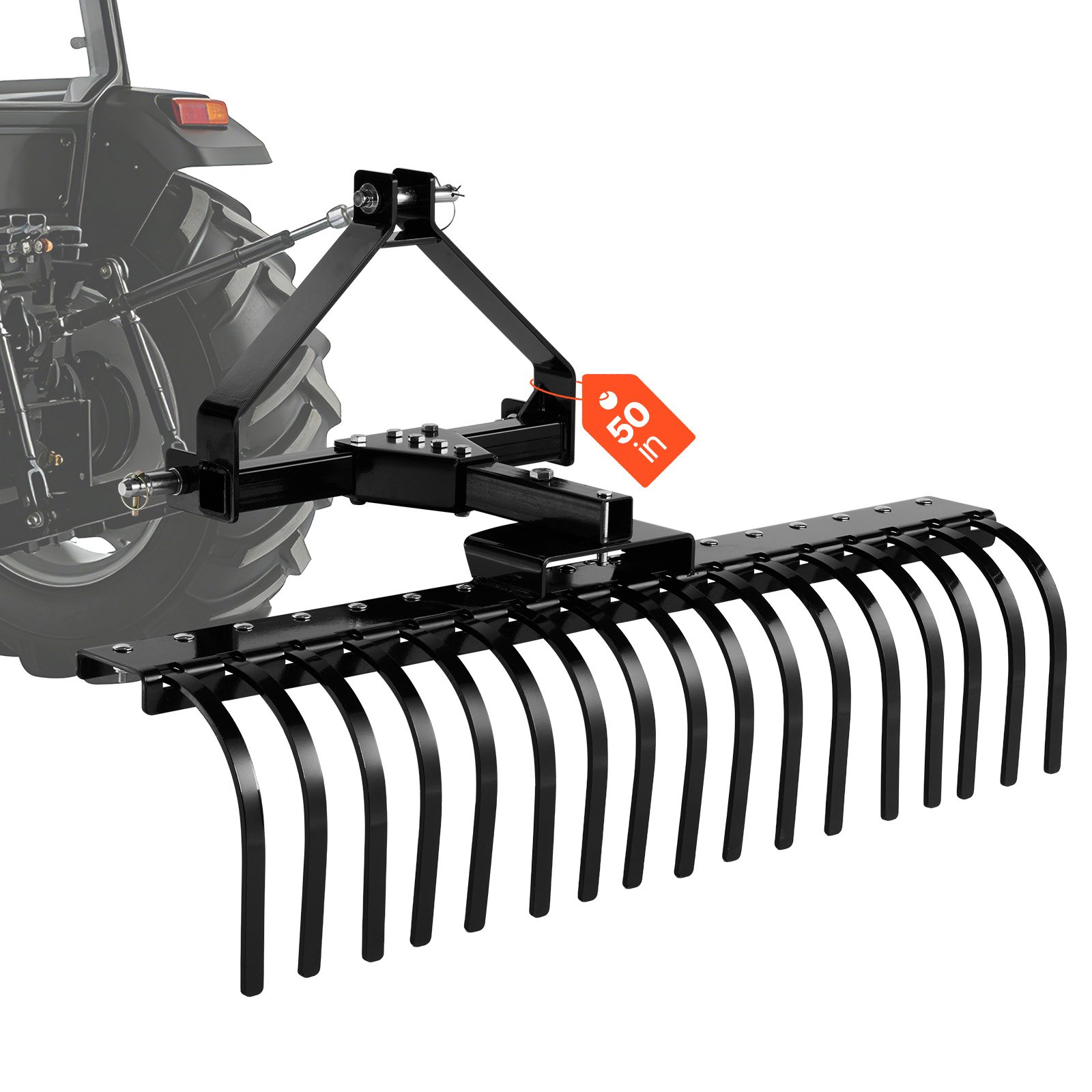 VEVOR 127 cm Lanscape Rock Rake, 3-Point Tow Behind Landscape Rake with 17 Steel Tines, Fit Category 1 Tractors, Angle Adjustable, Heavy Duty Lawn Dethatcher Rake for Grass Branch Debris