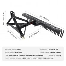 VEVOR Arieggiatore da Traino, Arieggiatore da Traino con Rastrello Arieggiatore Prato a 3 punti, 32 Denti in Acciaio, 1524 mm per Trattore, Rastrello Paesaggistico per Giardino, Fattoria, Erba