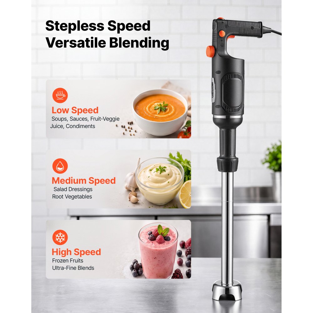 VEVOR Frullatore a Immersione Professionale 500W per Zuppe Salse da Cucina Mixer Manuale, Preparazione di Piatti, Diametro 508 mm, Velocità max 20000 giri/min, Testa a 3 Lame, Acciaio Inox, Ristorante