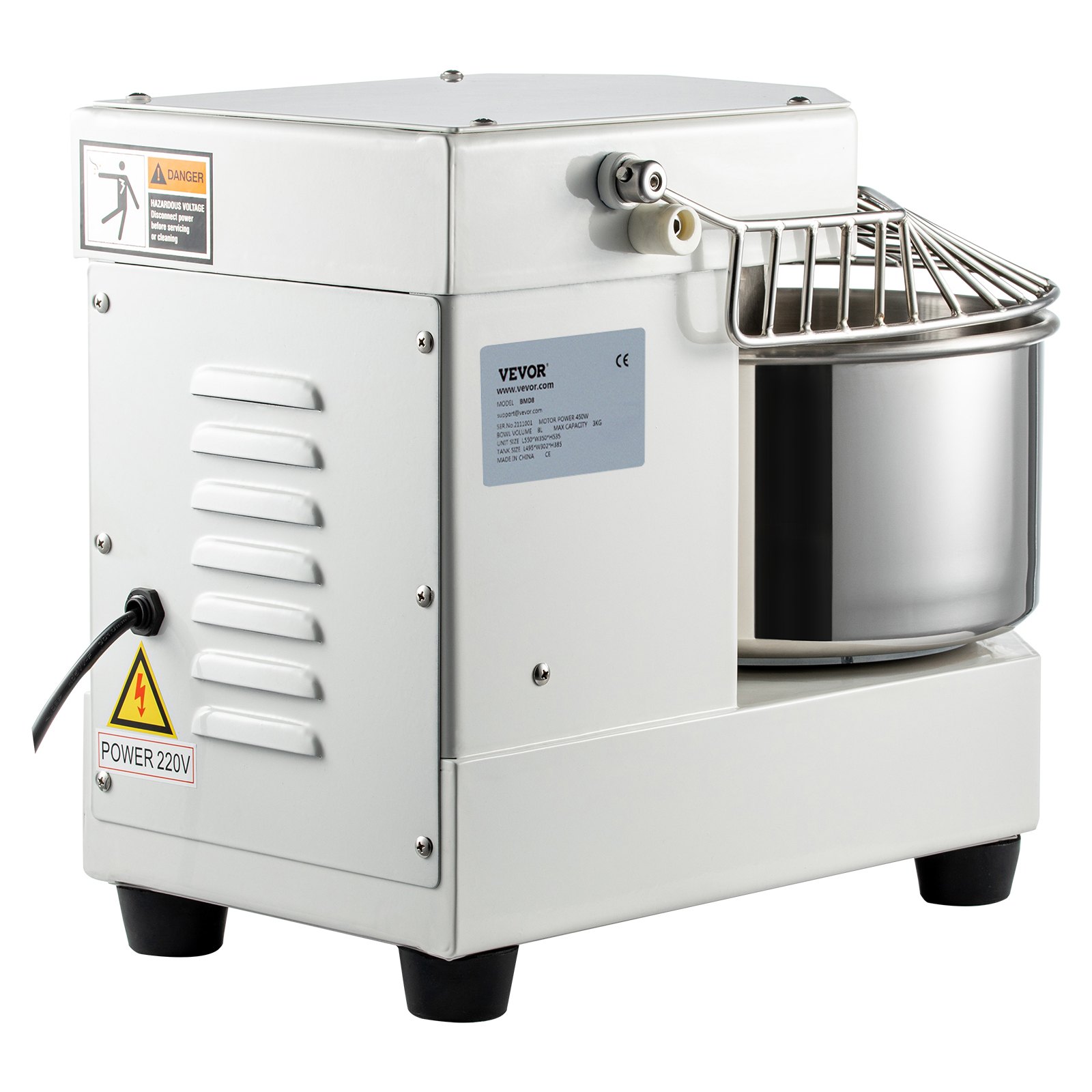 VEVOR Robot da cucina impastatrice, Impastatrice in acciaio inox 8L ca., Potenza nominale 550 W, Velocità 159 giri/min, Vasca in acciaio inox, Impastatrice timer per panifici, ristoranti, pizzerie