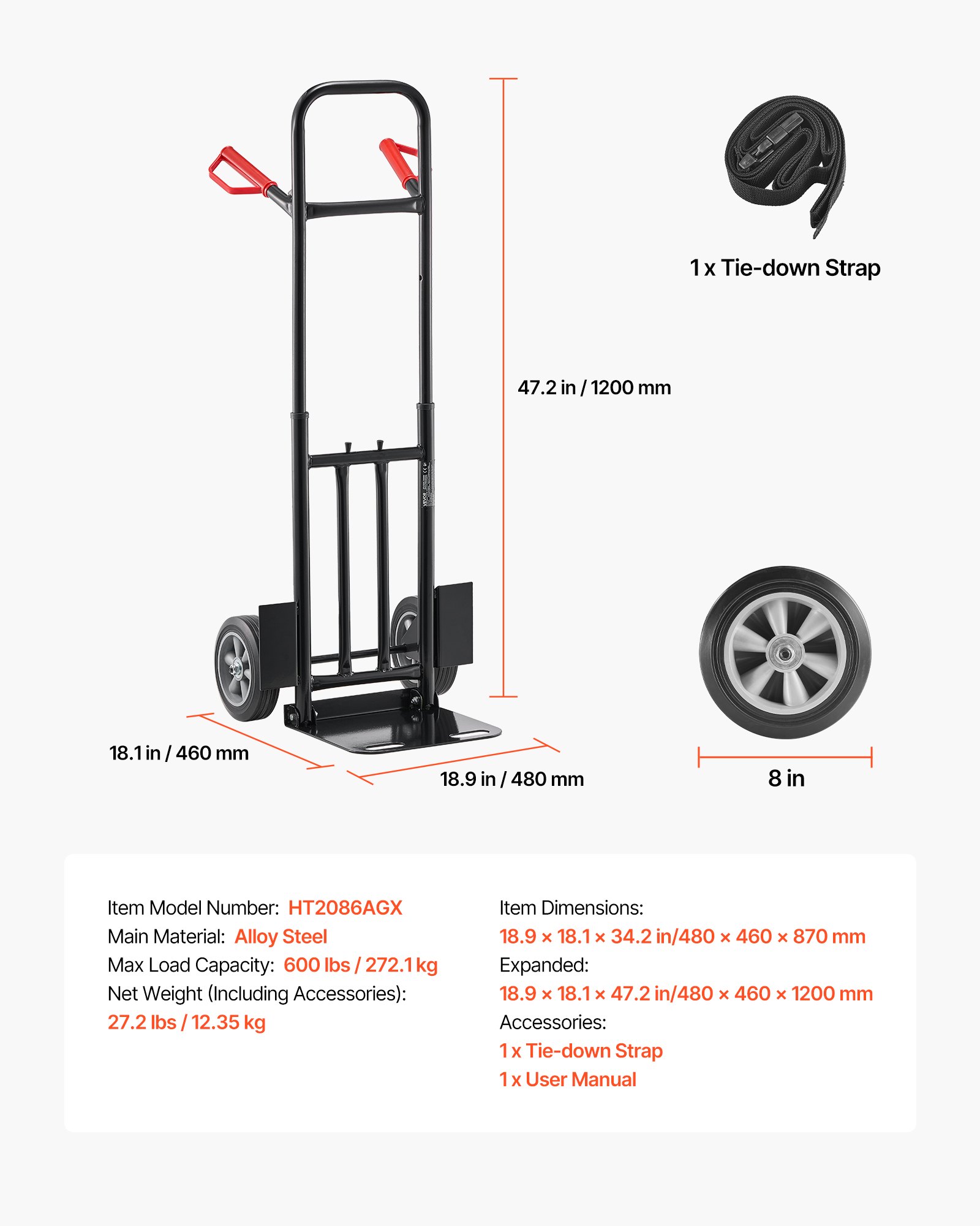 VEVOR Carrello a Mano Capacità di Carico di 272,1 kg Carrello a Mano per Carichi Pesanti con Ruote, Maniglia Telescopica e Cinghia di Ancoraggio per Traslochi di Casa, Ufficio, Magazzino