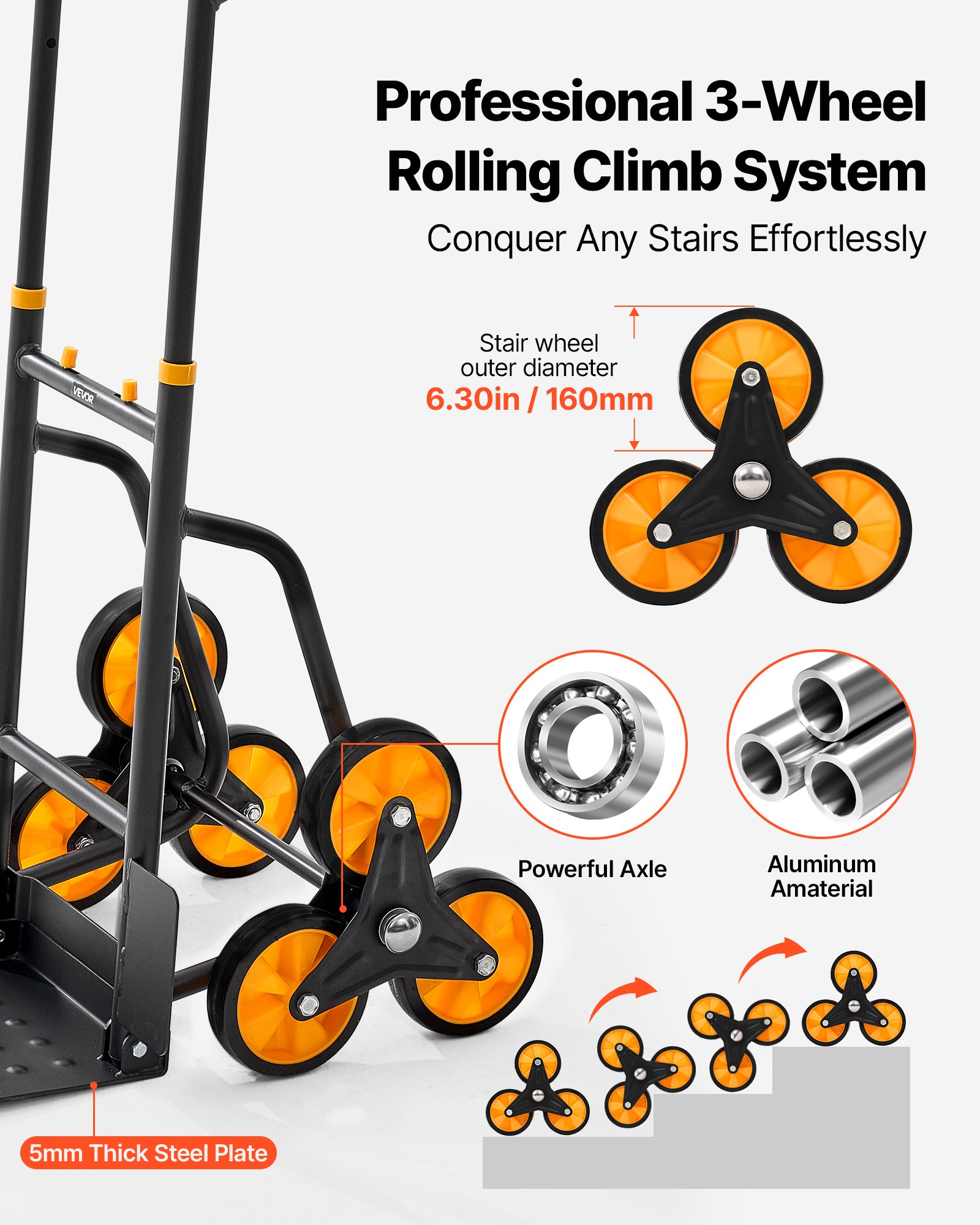VEVOR Carrello Saliscale Capacità di Salita Scale 200 kg, Carrello Pieghevole per Carichi Pesanti con Maniglia Telescopica, 6 Ruote e 2 Corde Elastiche, per Casa, Generi Alimentari, Magazzino