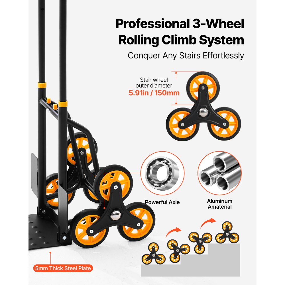 VEVOR Carrello Portapacchi per Scale Capacità di Salita Scale 150 kg, Carrello Pieghevole per Carichi Pesanti con Maniglia Telescopica, 6 Ruote e 2 Corde Elastiche, per Generi Alimentari, Magazzino