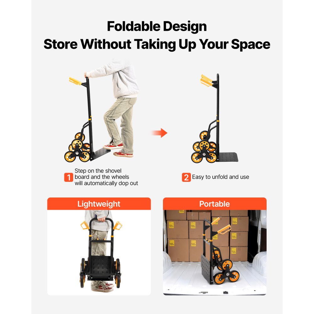 VEVOR Carrello Portapacchi per Scale Capacità di Salita Scale 150 kg, Carrello Pieghevole per Carichi Pesanti con Maniglia Telescopica, 6 Ruote e 2 Corde Elastiche, per Generi Alimentari, Magazzino