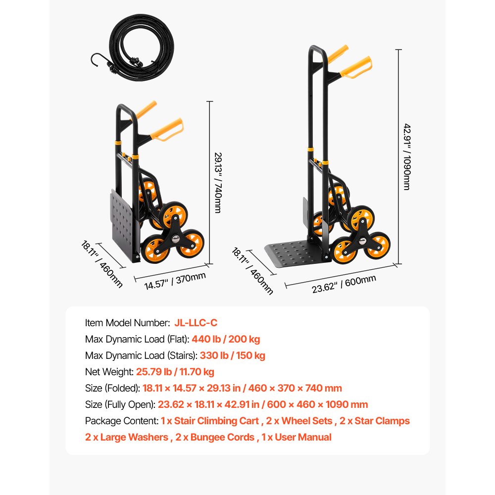 VEVOR Carrello Portapacchi per Scale Capacità di Salita Scale 150 kg, Carrello Pieghevole per Carichi Pesanti con Maniglia Telescopica, 6 Ruote e 2 Corde Elastiche, per Generi Alimentari, Magazzino