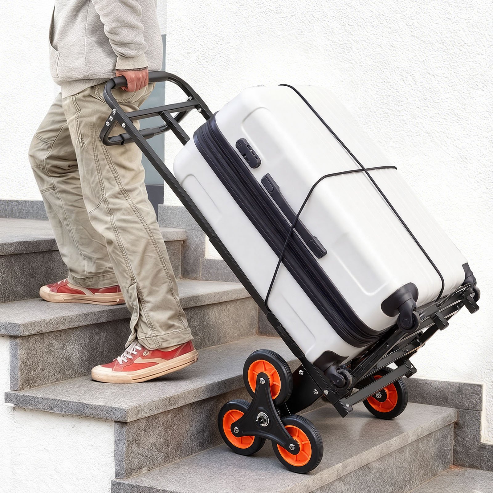 VEVOR Carrello Pieghevole per Scale Capacità di Salita Scale 100 kg, per Carichi Pesanti con Maniglia Telescopica, 6 Ruote e 2 Corde Elastiche, Carrello Saliscale per Generi Alimentari, Magazzino