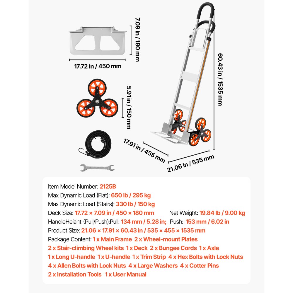 VEVOR Carrello Saliscale Capacità di Salita Scale 150 kg, Carrello Pieghevole in Lega di Alluminio con Maniglia Telescopica, 6 Ruote e 2 Corde Elastiche, per Casa, Generi Alimentari, Magazzino